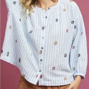 Anthropologie Blue White Striped Button-Up Embroidered Blouse S